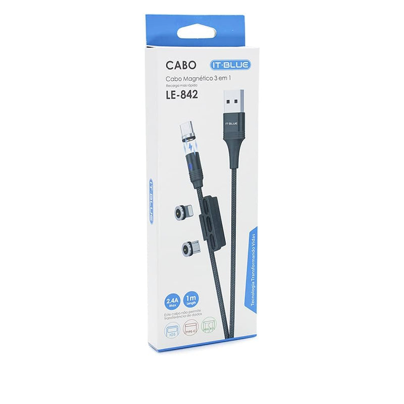 Cabo Magnético 3 em 1 Tipo C, Lightning e Micro Usb